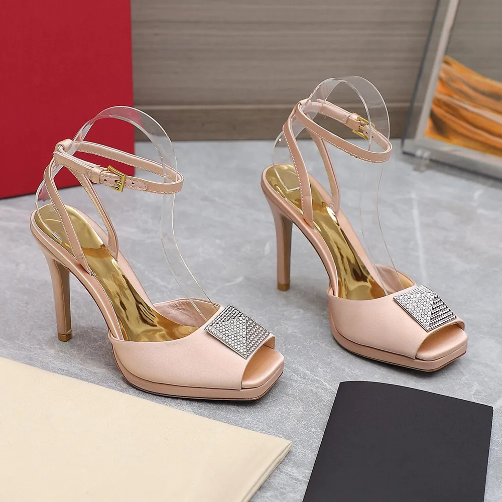 Crystal buckle decoration ankle strap sandals rhinestone Square head fish mouth Stiletto heel party Evening shoes women's Luxury designer Dress shoes With box