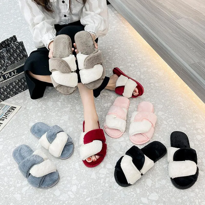 Chinelos de algodão peludo peep toe grosso sola mulheres branco liso outwear senhoras slides outono flip flops mulher