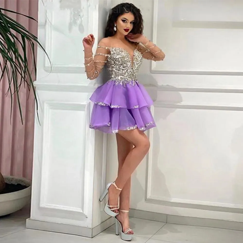 Purple Beaded Crystals Homecoming V Neck Long Sleeves Organza Graduation Dresses Sexy Elegant Short Tail Party Gowns 328 328