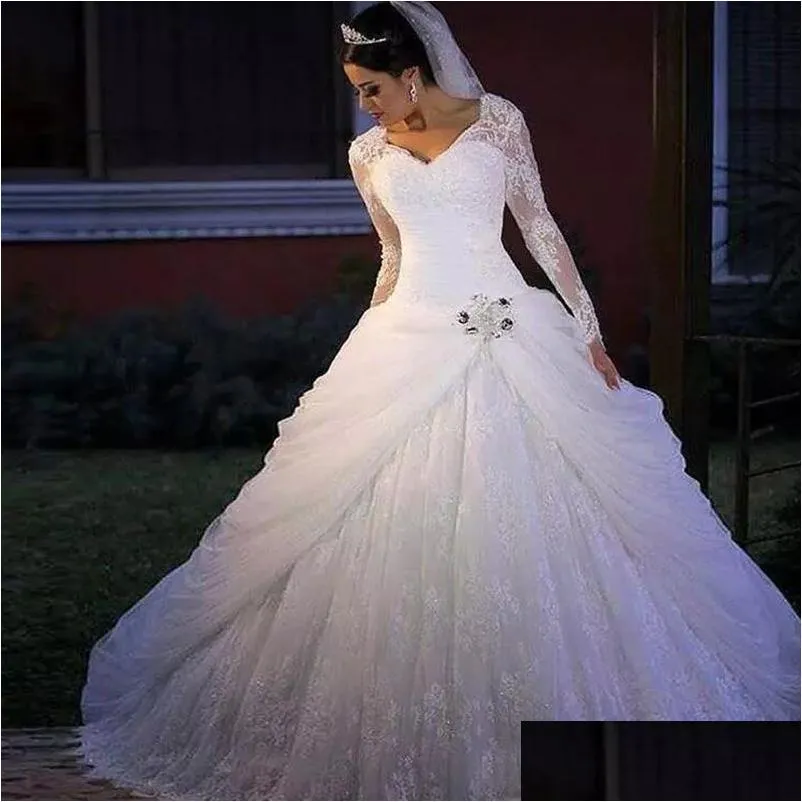 Ball Gown Dresses Luxurious Plus Size Fl Lace Bridal Gowns Appliques Crystals V-Neck Drop Delivery Party Events Dh6Nq
