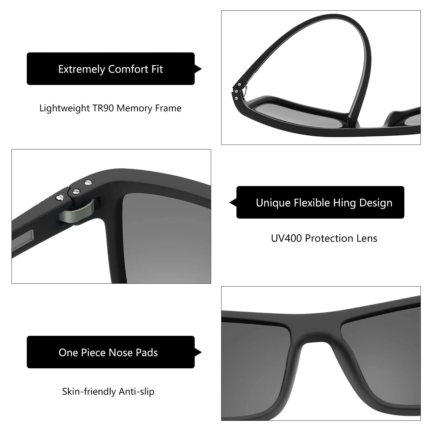Polarized UV400 Protection Sunglasses, Square Frame, Lightweight SQUARO Matte Black Polarized Sunglasses – Lightweight  main image 2