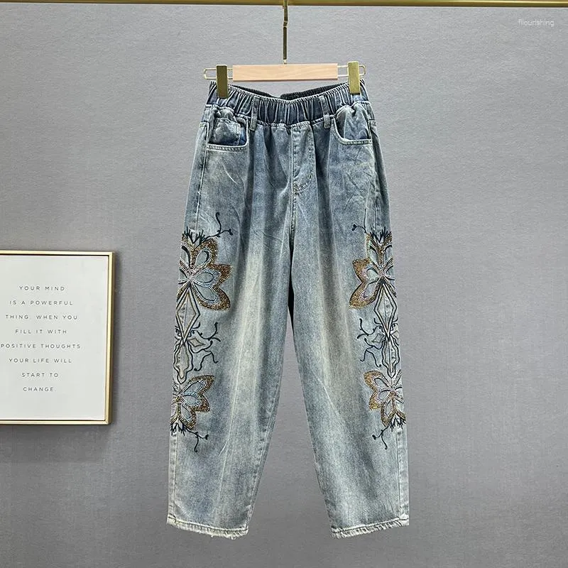 Jeans femininos strass calças largas 2023 primavera cintura elástica solta denim bordado cortado jean