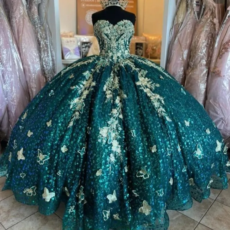 Emerald Green Puffy Princess Quinceanera Dresses Floral Applique Bow Gillter Sequins Lace-up Corset Prom Sweety 15 xvideo 16 anos
