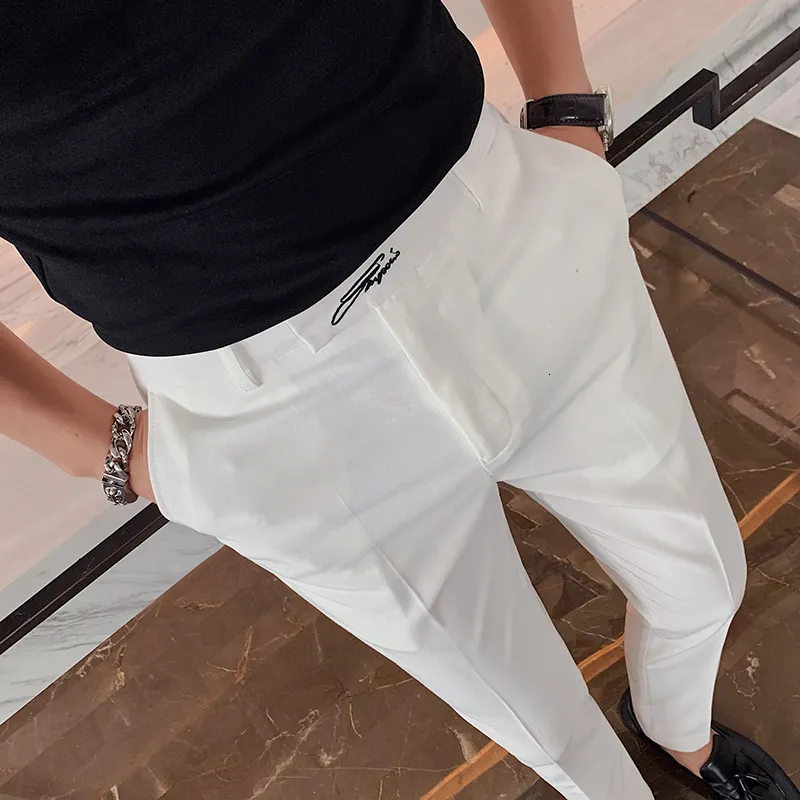 Мужские брюки Черно -белый вышитый бизнес Формальный мужской корейский стиль стройный офисной социальный костюм высокий качество уличной крышки 230829