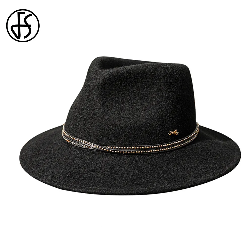 Chapeaux larges seau FS Fedoras de luxe pour femmes hommes Gentleman élégant automne hiver Jazz chapeau laine Vintage Gangster Trilby feutre casquette 230829