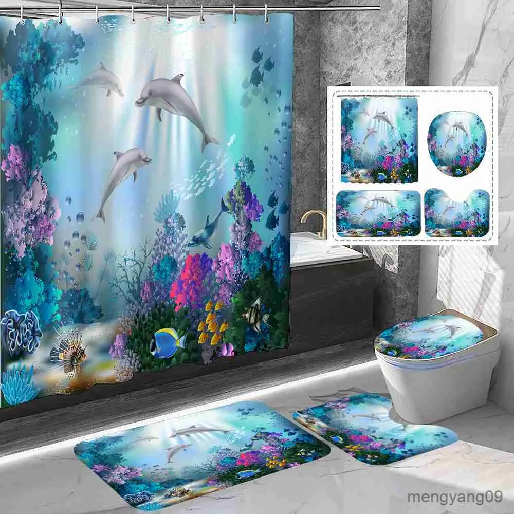 Duschgardiner Cartoon Seascape Waterproof duschgardin Badrum golvmatta marin djur duschgardin dekorativ med R230831