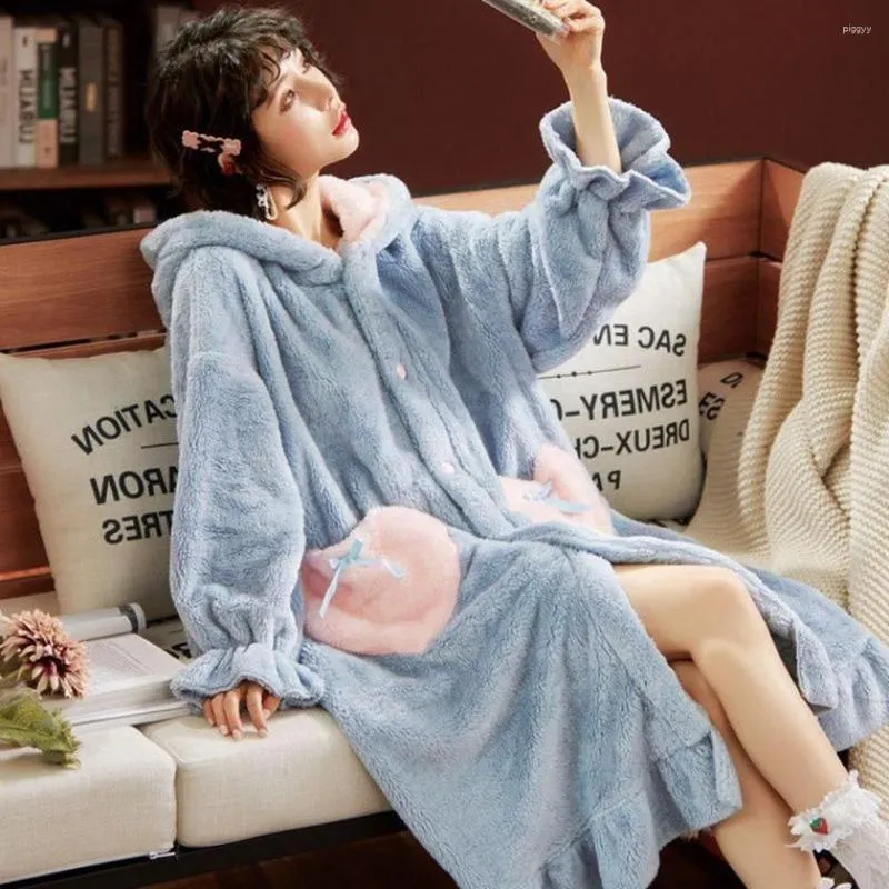 Womens Sleepwear Kawaii Pajamas For Women Cute Robes Cartoon Winter Coral  Fleece Nightgown Thickened Flannel Hooded Plush Loungewear From 21,46 €