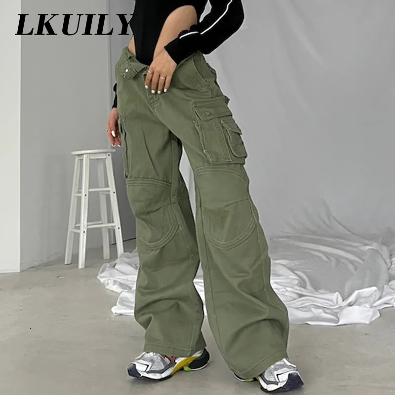 Pantalons pour femmes Capris armée vert Baggy Cargo jean Y2k Vintage femmes pantalon bouton poches taille haute Streetwear 90S pantalon droit jambe large jean 230829