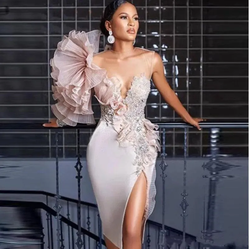 Vestidos de noche árabes con abertura lateral, cuello transparente, cuentas con apliques de encaje, longitud hasta la rodilla, vestidos de fiesta formales cortos para fiesta de graduación, ropa de cóctel