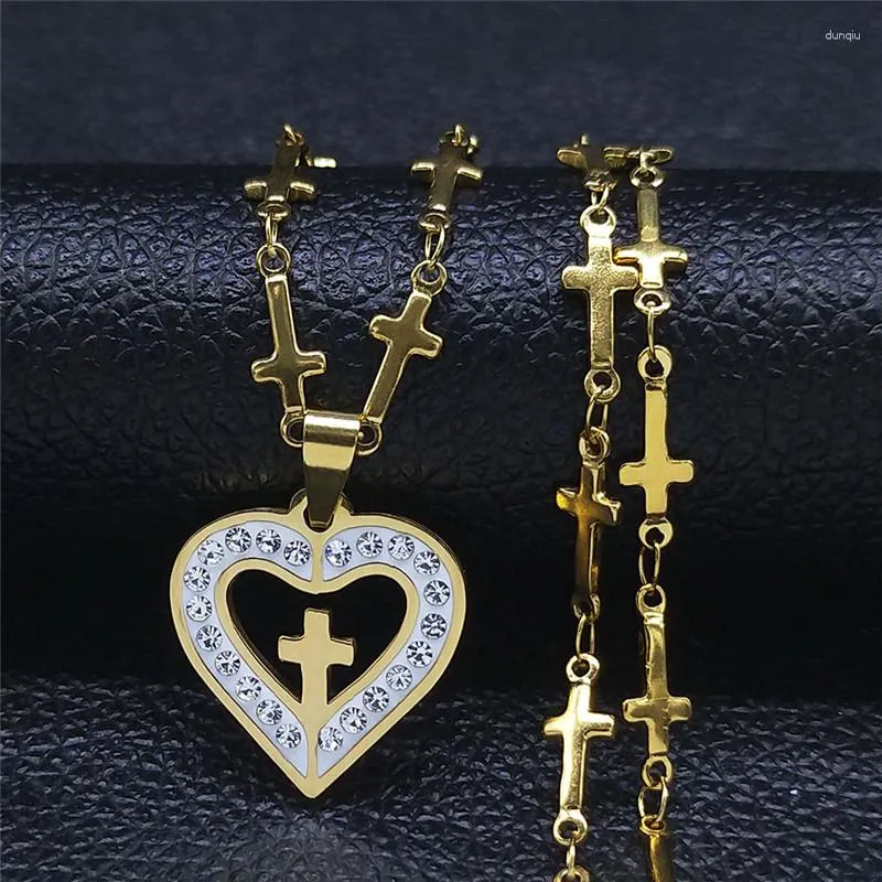 Pendant Necklaces Crystal Stainless Steel Heart Cross Chain Women Gold Color Small Necklace Jewelry Collier Femme Inoxidable XHLYB219S08