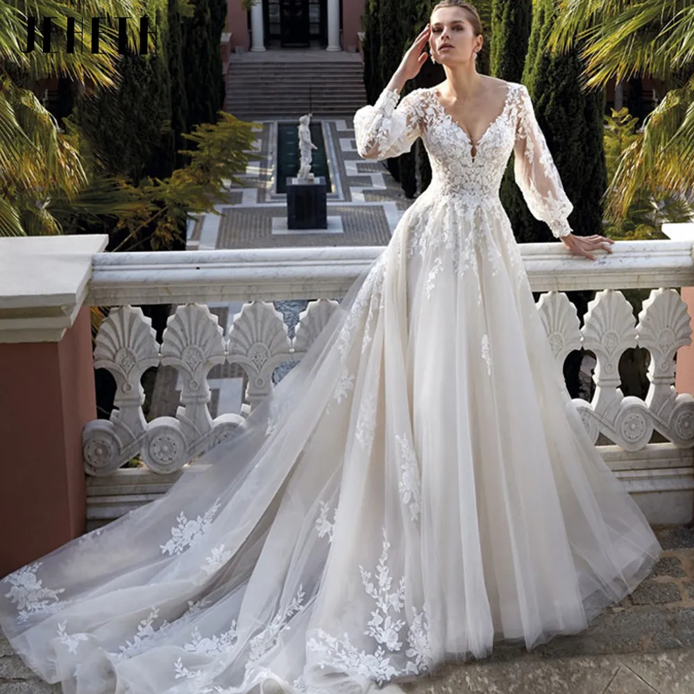 Exquisite Wedding Dresses For Women 2023 V Neck Lace Applique A Line Bridal Gowns With Long Puff Sleeves Civil Custom Vestidos
