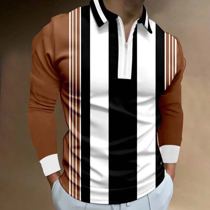 Polos masculinos reduzidos linha vertical 3D impressão polo zíper camisa de manga longa para homens botão para baixo camisa de moda 230830