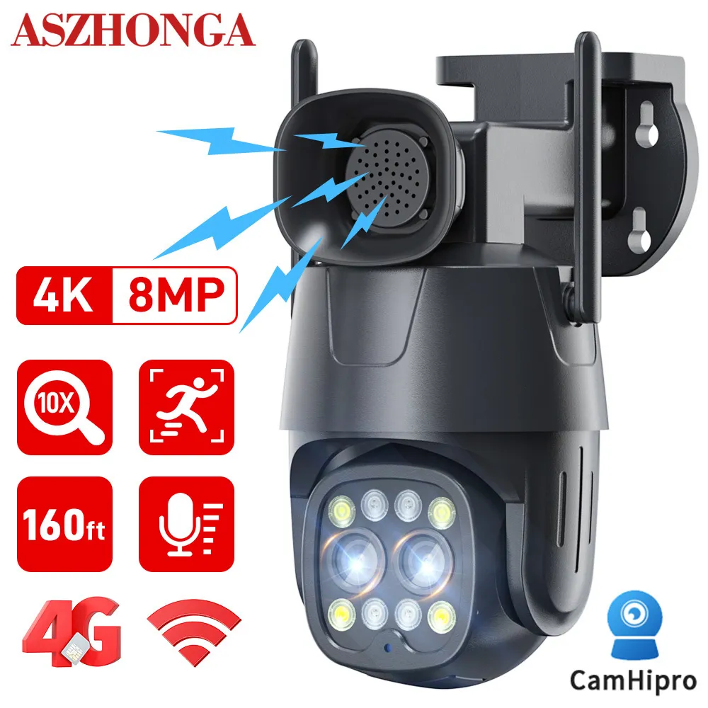 IP -kameror Aszhonga 4G WiFi 10x Zoom PTZ Camera Two Way Audio 8MP Security Surveillance Linkage Tracking Dual Lens Home Outdoor 230830