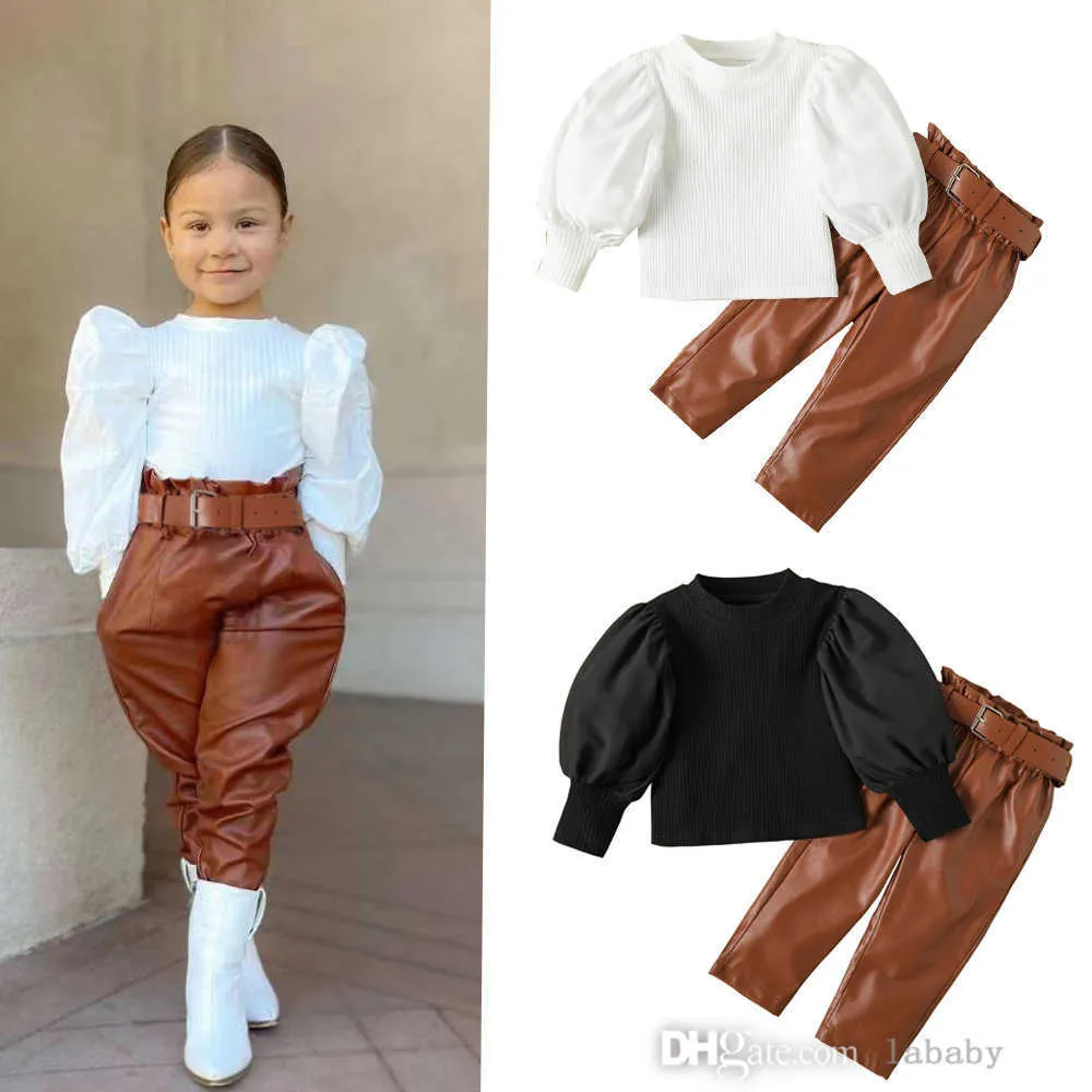 2023 Bébé Fille Automne Vêtements Ensembles Enfants Survêtement Solide Tricot Puff Manches Longues Pull Hauts Pantalon En Cuir PU Ensemble Deux Pièces Pour Enfants Avec Ceinture Costumes Tenues