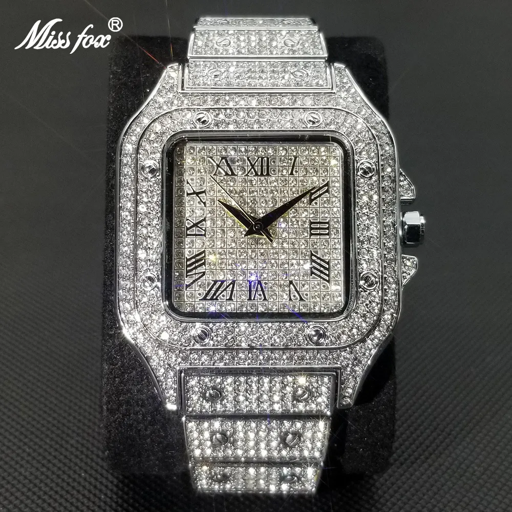 Наручные часы MISSFOX Ice Out Square Watch для мужчин Лучший бренд класса люкс с бриллиантами Мужские часы Ультратонкие водонепроницаемые часы в стиле хип-хоп Drop 230829