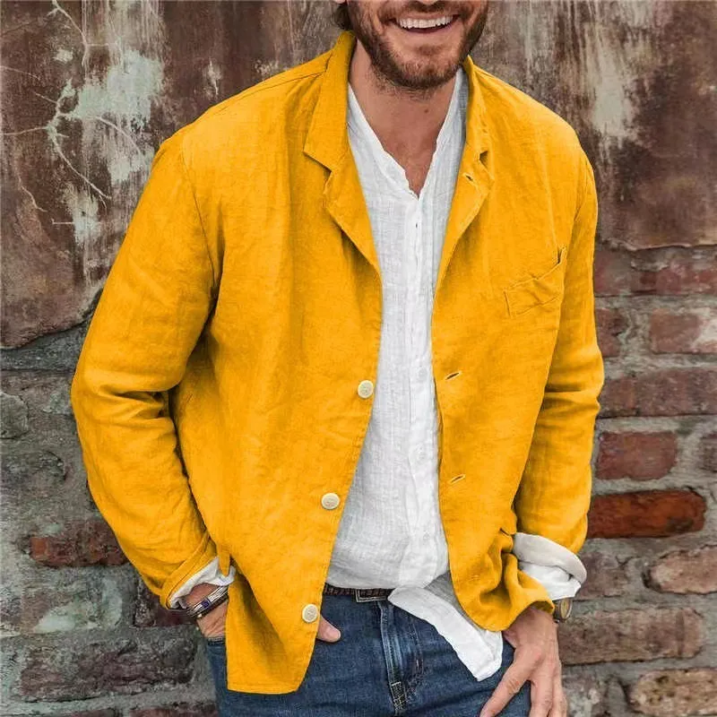 Mens Suits Blazers Men Spring Autumn Leisure False Pocket Cotton Linen Loose Suit Coat Solid Balzer Jacket Yellow Blue Top Clothes 230829