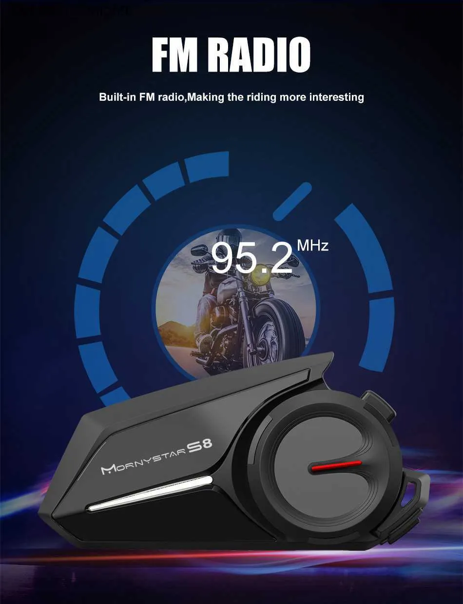 Новый MornyStar S8 Мотоциклевые гарнитуры шлема шлема 1200M 6 Rider Bluetooth Intercom Communication GPS Межпрокатарный водонепроницаемый FM Q230830