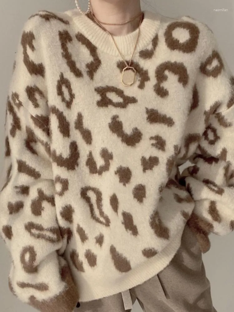 Suéteres femininos malhas mulher camisola outono inverno moda coreana casual manga longa topo em torno do pescoço leopardo impressão solta jumper