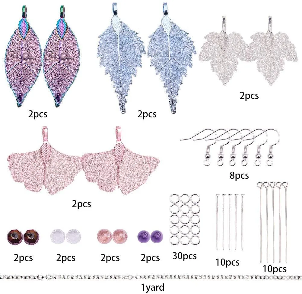 Polonya 1 Kutu DIY 4 Çift Doğal Gerçek Yaprak Başlangıç ​​Kiti Dilgide Uzun Damla Dungle Sarkanlar Cam Boncuklar Kablo Zinciri Küpe Kancaları içerir