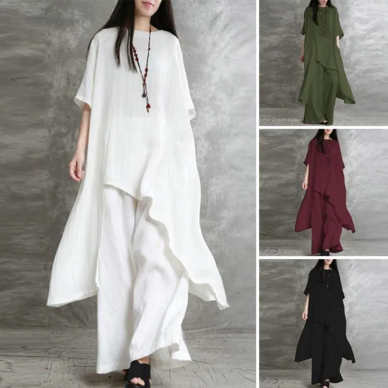 Women's Two Piece Pants Women Set Flowy Irregular Hem Top Wide Leg Soft Thin Blouse Trousers For An Oversized Stylish Look