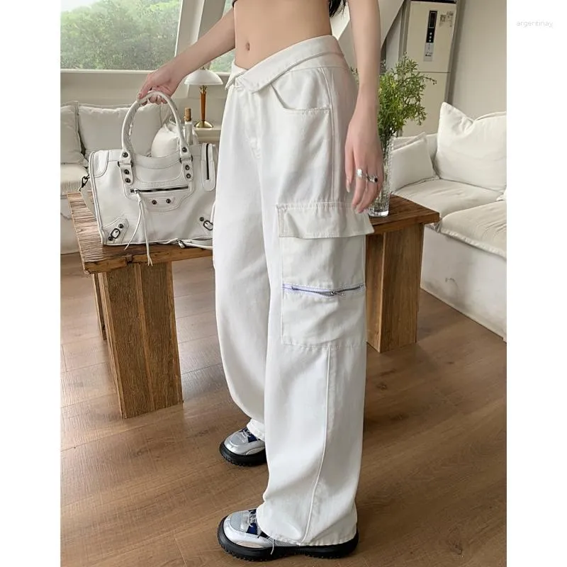 Jeans pour femmes Vintage blanc taille haute femmes solide mode américaine streetwear jambe large jean femme pantalon droit baggy denim pantalon