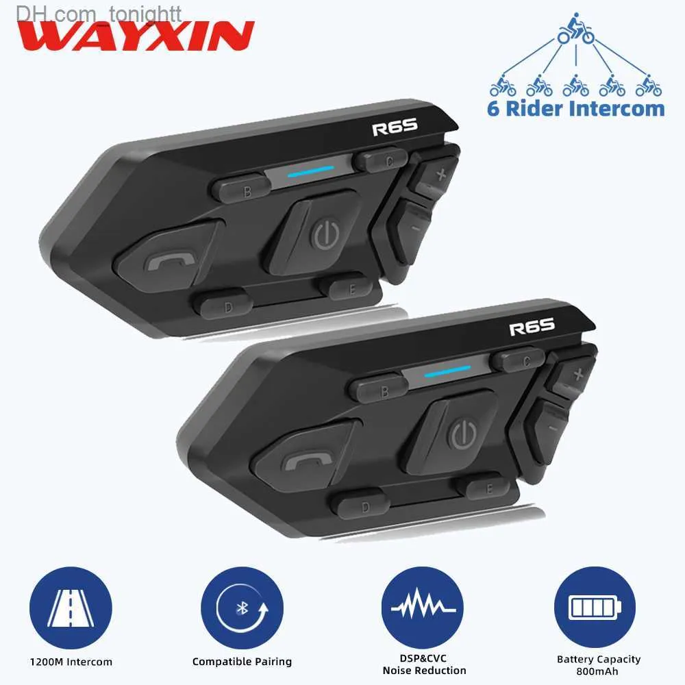 WAYXIN R6s Casque Casque Moto Interphone 6 Riders Casque Mains Libres Communication Interphone 1200m BT 5.0 MP3 GPS Étanche Q230830