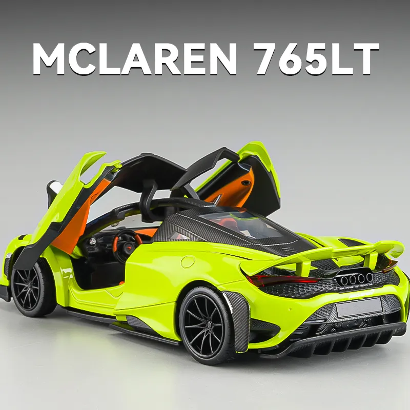 Diecast Model 1 24 McLaren 765LT Supercar Car Car Toy Diecasts Deainting Metal Sound and Light Toys for Children 230829