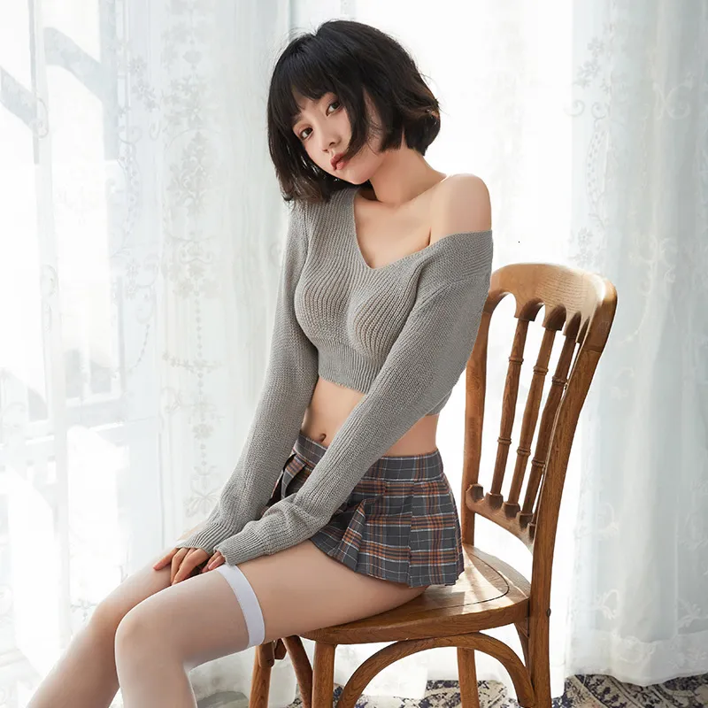 Платье из двух частей с V-образным вырезом в корейском стиле Свободный вязаный свитер Тонкий пуловер Порно Мини-юбка Наборы для взрослых Секс-фантазия Школьница Косплей Костюм 230830
