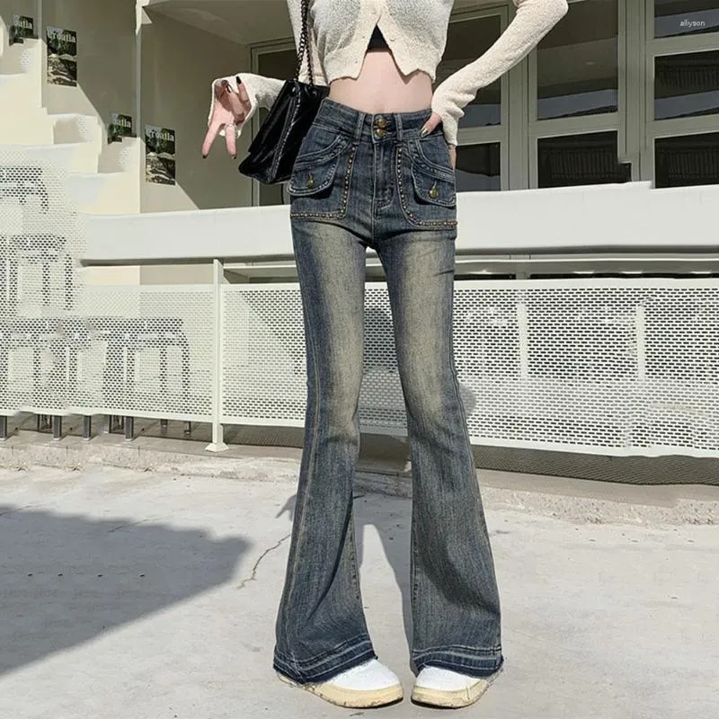 Jean femme Y2k fille Flare retro taille haute elastique pantalons mode Rivet poche Denim pantalon lavage Jean droit pantalon
