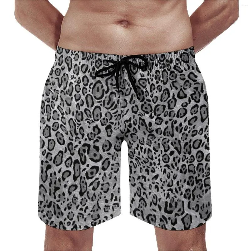 Short de bain gris guépard pour hommes, planche en peau d'animal, élégant, imprimé léopard monochrome, mode plage, course à pied, Surf, confortable