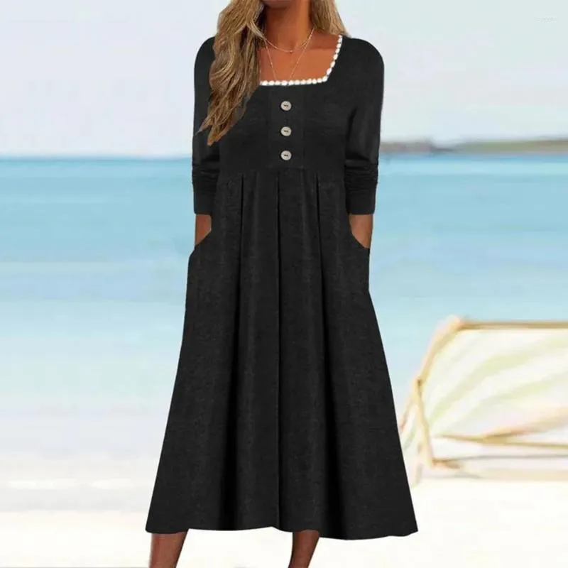 Casual Dresses Women Dress Square Collar Lace Neckline Midi Long Sleeve Buttons Decor Loose Hem A-Line Streetwear