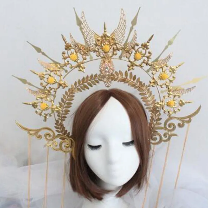 Costume vintage con corona e tiara di Saint Halo, fascia barocca della dea, copricapo da sposa, accessori per capelli