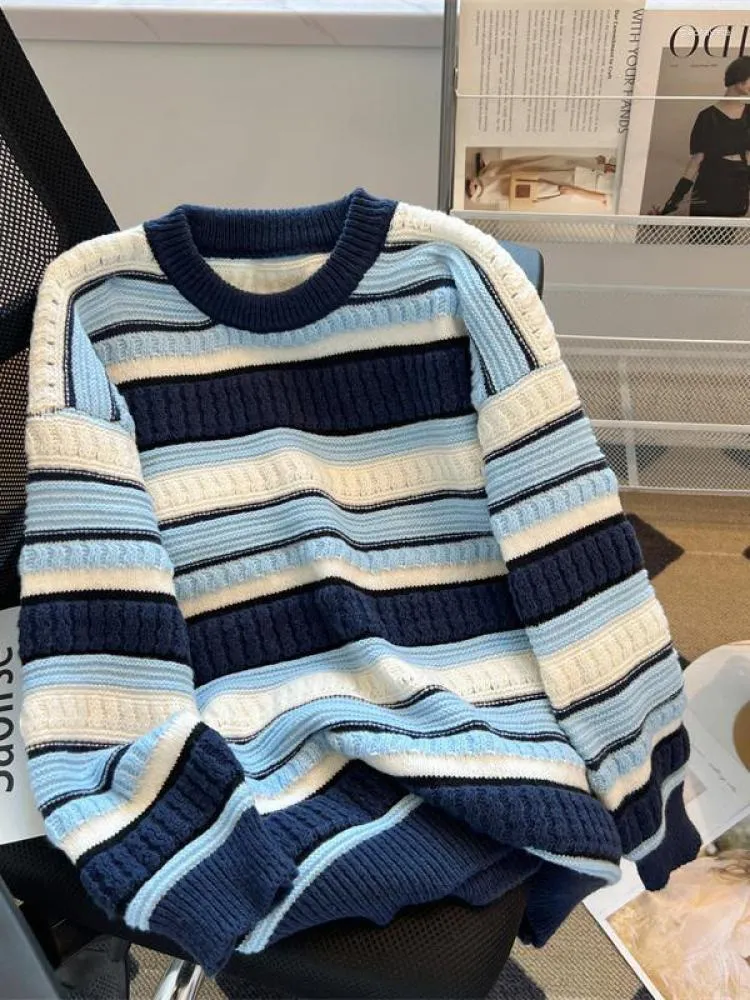 Pulls pour femmes coréen bleu patchwork rayé femmes automne et hiver col rond lâche tricoté pull crochet hauts streetwear épais