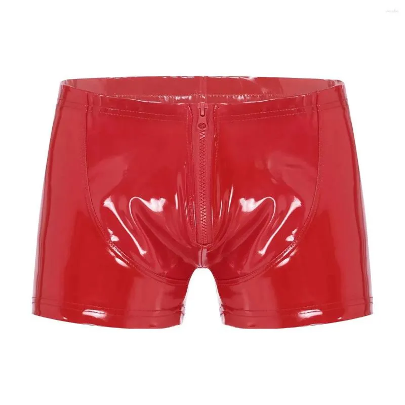 Mutande da uomo sexy con apertura sul cavallo pantaloni corti in pelle per sesso guaina modellante in lattice fetish boxer custodia rigonfia Sexi