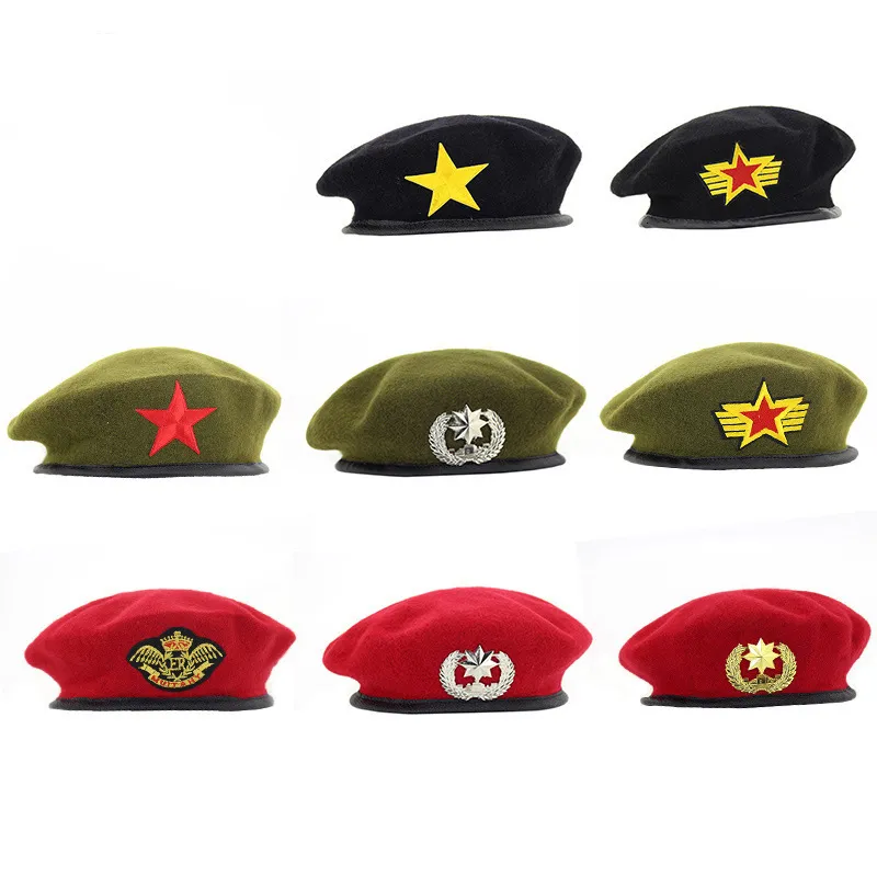 Berets de alta qualidade lã moda exército boné estrela emblema marinheiro dança desempenho chapéu trilby chapeau para homens mulheres unisex 230829