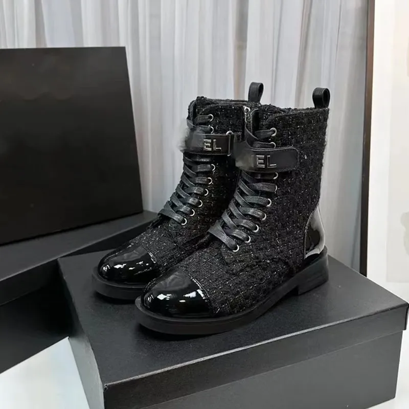 Quilted Tweed CHANNEL Combat Boot real leather Women Ankle Boots Patent Black Cap Toe Lace Up Mid Boots Designer Biker Platform Flats Low Heel Bootie Shoes