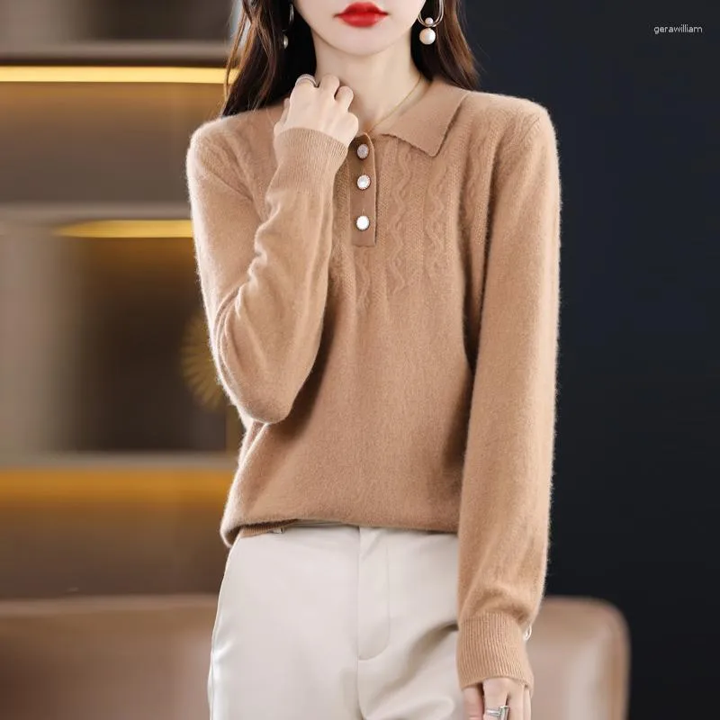 Women's Sweaters Autumn And Winter Fashion Solid Color Button POLO Collar Pure Wool Knitted Sweater All-Match Is Thin Loose Top