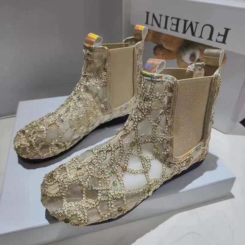 Buty buty kobiety letnia moda złota cekinowa siatka botki żeński oddychający poślizg na wygodnym płytkim butom damskim zapatos 230830