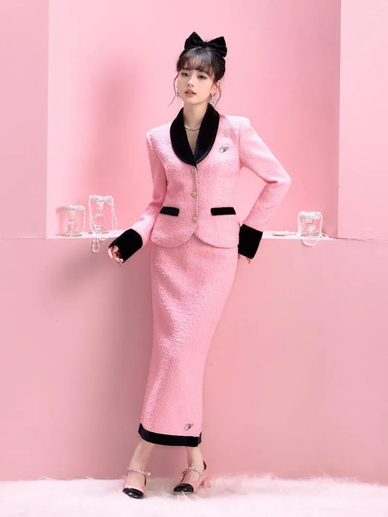 Robe deux pièces de Style coréen, manteau classique rose, tissu en velours, costume cousu, jupe de hanche pour femmes, ensemble élégant en Tweed, doux, automne