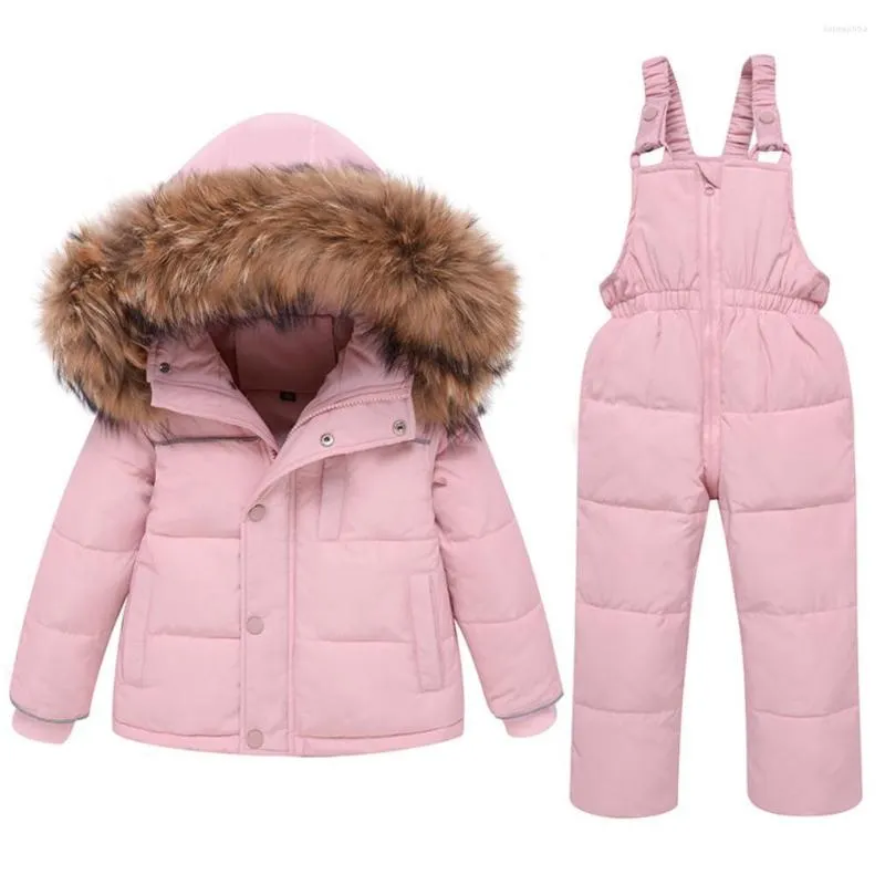 Daunenmantel Winter Kinder Parkas Jacken Warme Baby Jungen Skianzug Schneeanzüge Pelz Mädchen Kleidung Set Oberbekleidung Hosenträger Overall