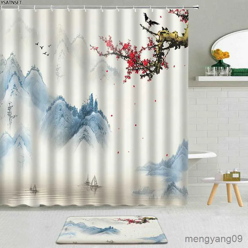 Tende da doccia Paesaggio cinese Scenario Tenda da doccia Tappetino da bagno Tappeto Montagne Asia Tradizionale Inchiostro Paesaggio Arte Bagno Decor Tappetino R230830