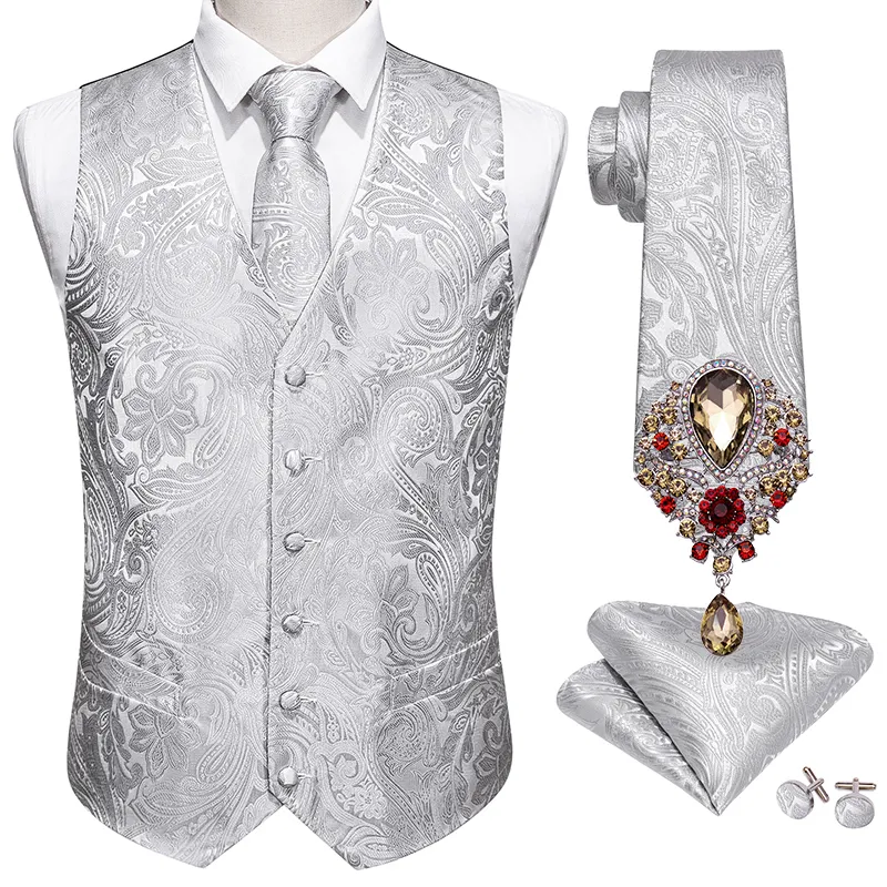 Mens Vests 5st Designer Wedding Suit Vest Silver Paisley Jacquard Folral Silk Waistcoat Tie Brosches Set Barrywang Groom 230829