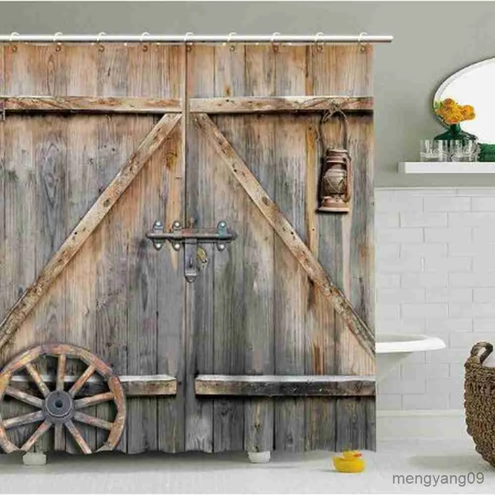 Tende da doccia Porta in legno antico Tende da doccia Fattoria Retro Rustic Barn Door Decor Tenda da bagno Accessori da bagno R230830