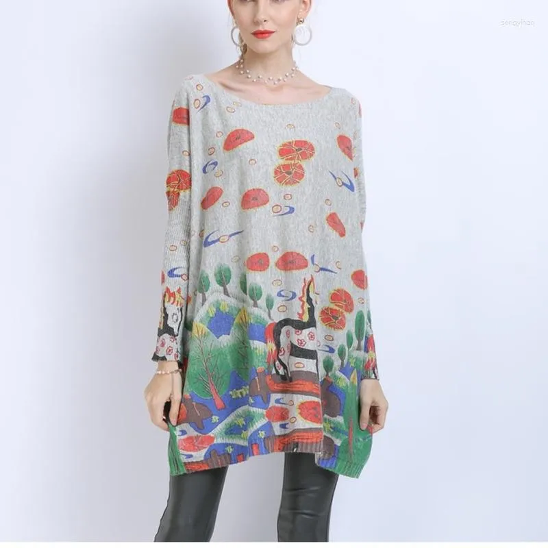 Dames Truien 2023 Herfst Vrouwen Trui Top Losse Lange Mouwen Gebreide Cartoon Print Mode Wit X114