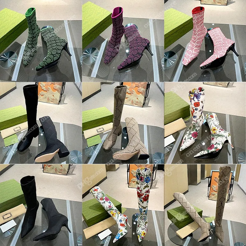 Luxe merk Italië G hoge hakken kleding schoenen dames dunne hak korte laarzen plat bloemmotief 5 7,5 8cm vierkante puntige tenen technische gebreide stof enkellaarsjes