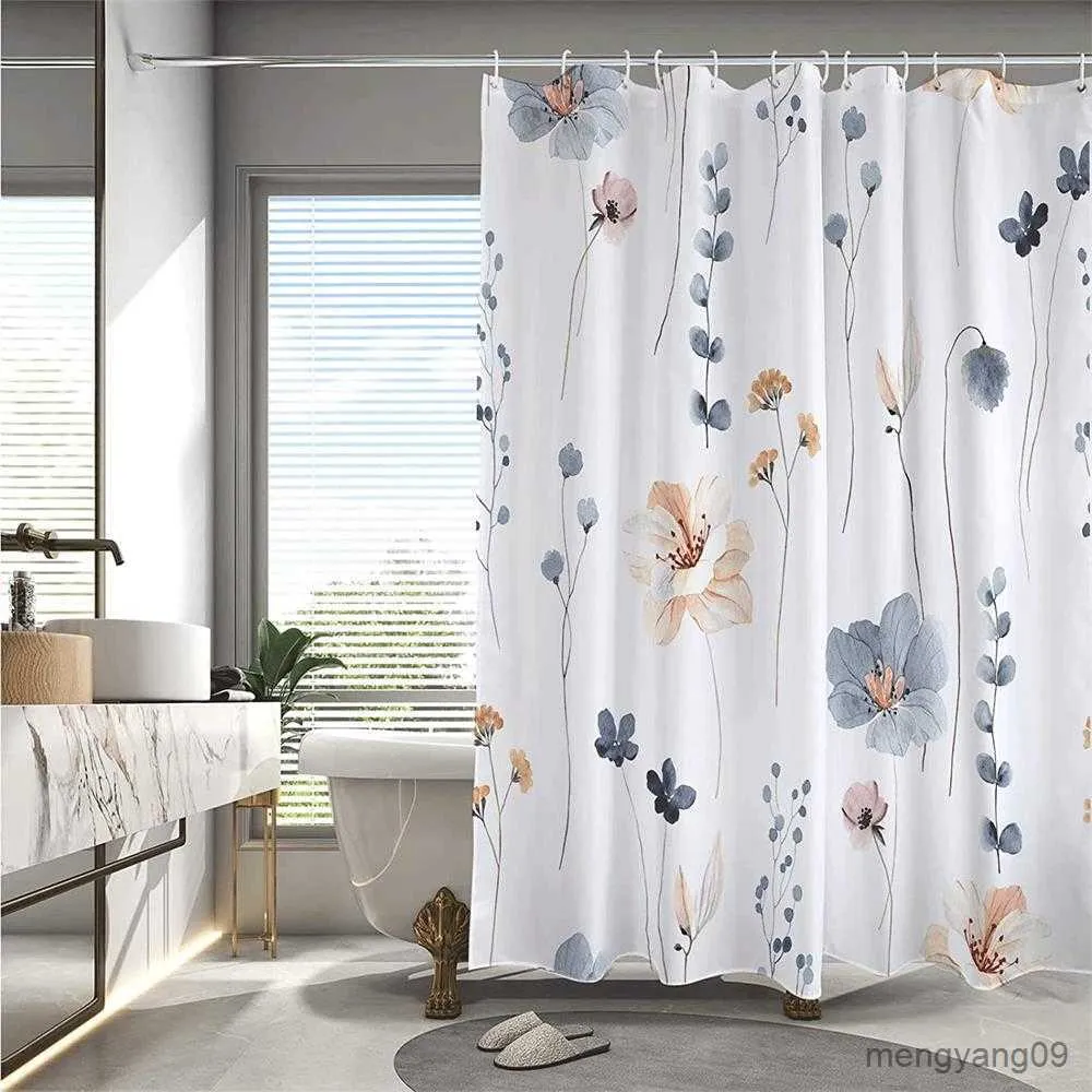 Douchegordijnen Aquarel bloem douchegordijn blauw beige bloemenpatroon waterdicht met stoffen badkamerdecoratie R230831