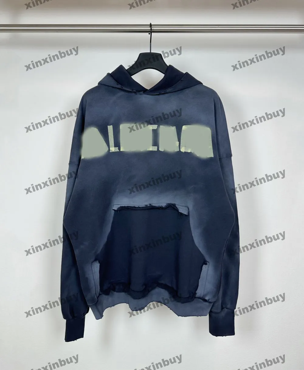 xinxinbuy Felpa con cappuccio da uomo donna firmata Felpa con cappuccio con stampa di lettere sfumate maglione tasca distrutta grigio blu nero bianco XS-2XL