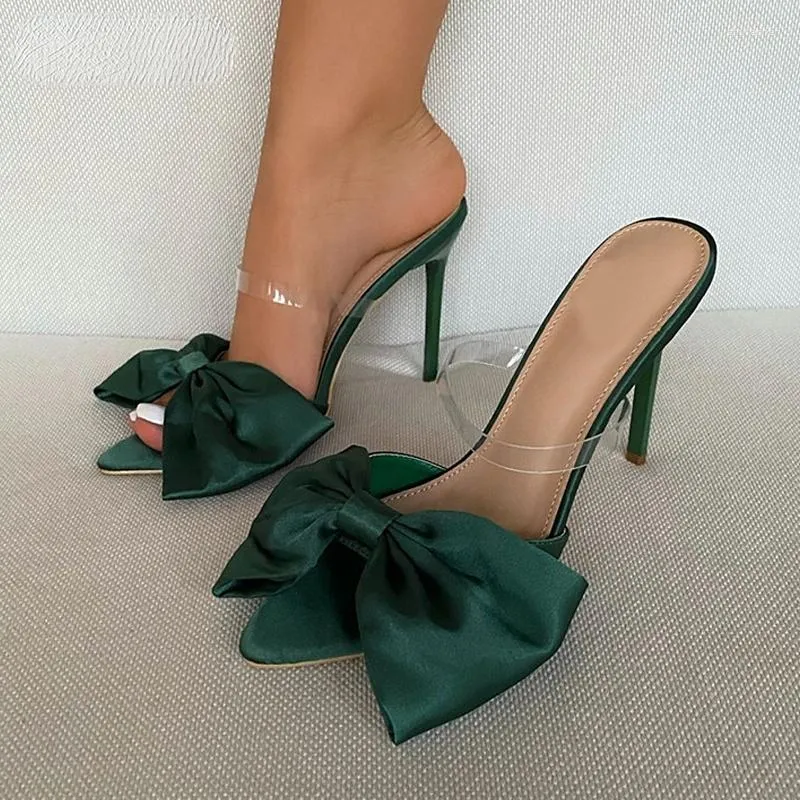 Slippers Fashion Silk Bow Tie Mule High Heels Women Sandals Plus Size 42 Flip Flops Pointed Toe Strappy Slides Party Shoes