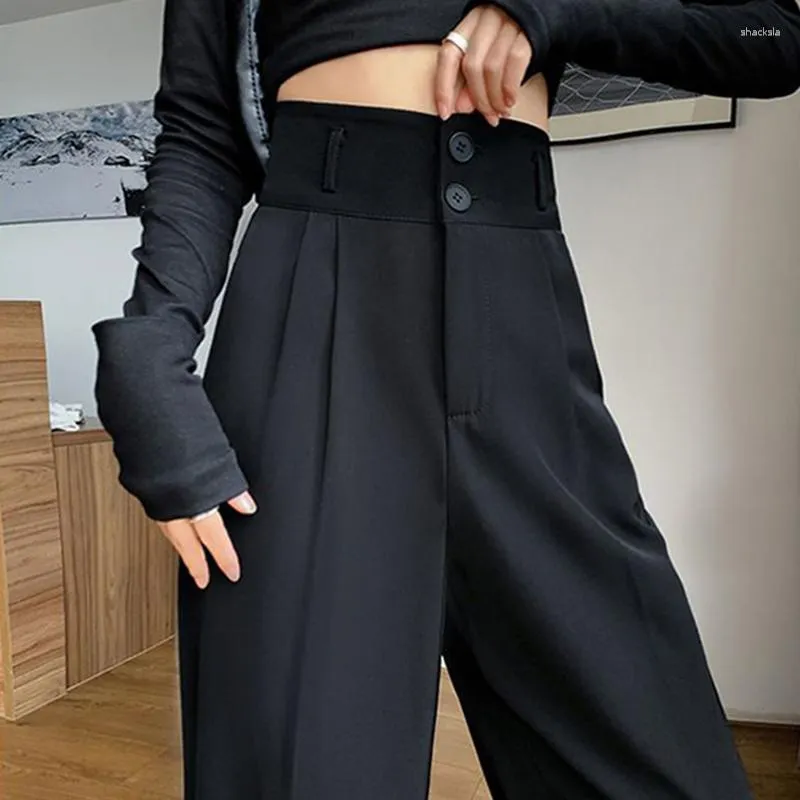 Calças femininas casuais cintura alta solta perna larga para mulheres primavera outono feminino comprimento total preto cinza terno senhoras calças compridas