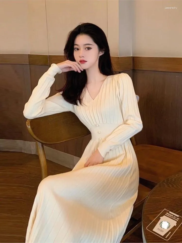 Casual Dresses Pleated V-neck Knitted A-line Sweater Dress Elegant Women Autumn Winter Clothes Long Sleeve Midi Female